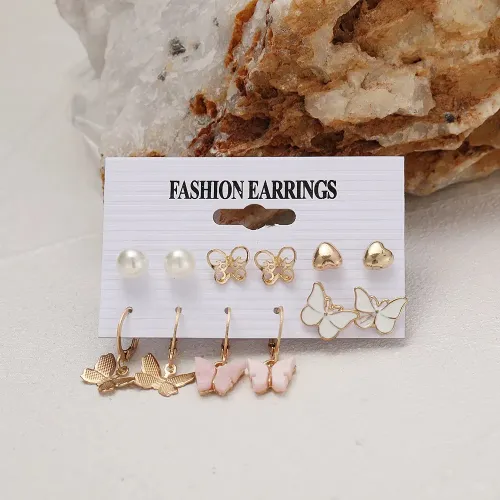 Crystal Rhinestone Heart Butterfly Drop Earring Set (6 pairs)